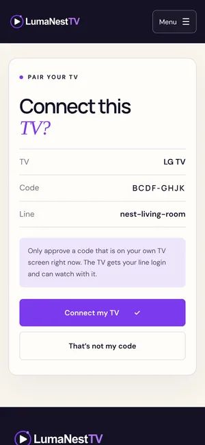 The lumanest.tv pairing page on a phone, asking whether to connect an LG TV with the code BCDF-GHJK.