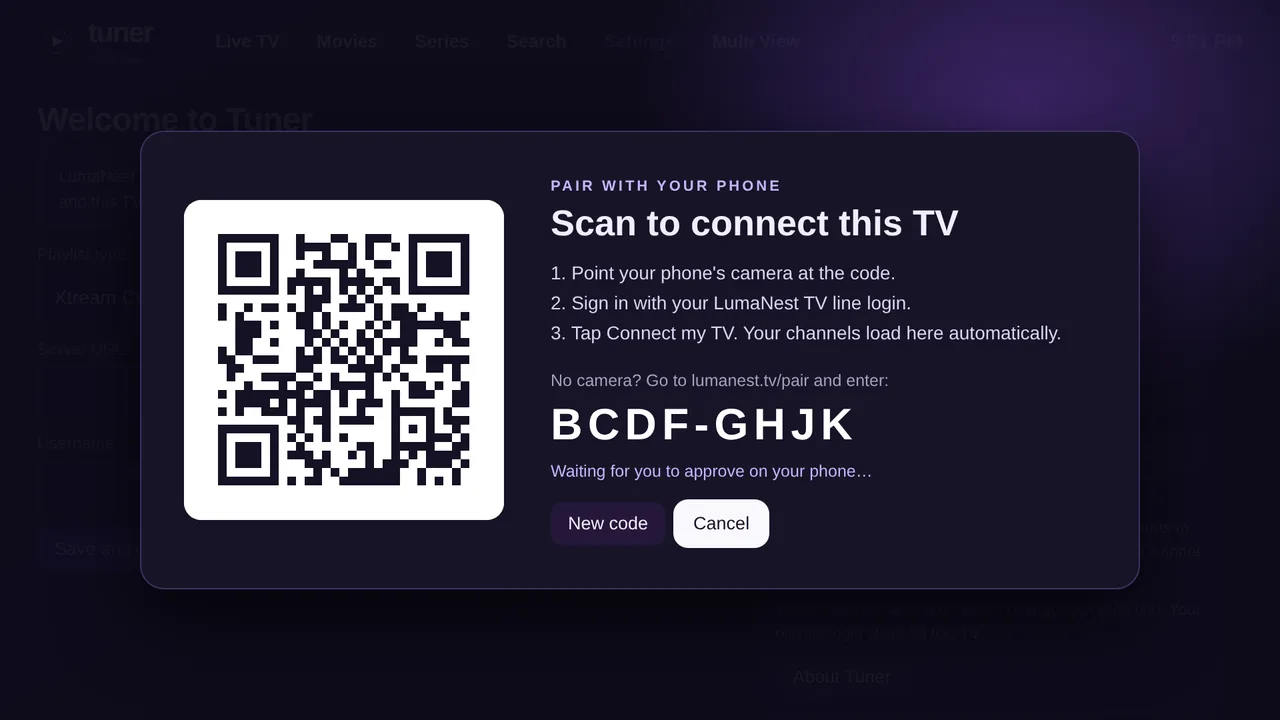 Tuner on a TV, showing a QR code, the code BCDF-GHJK and three steps to pair with your phone.